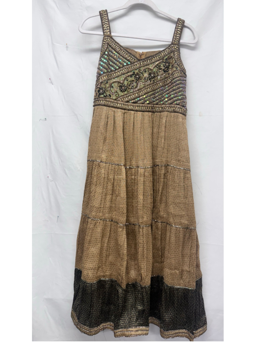 Women's Vintage Handmade Embellished Maxi Dress Size M/L Gold Brown